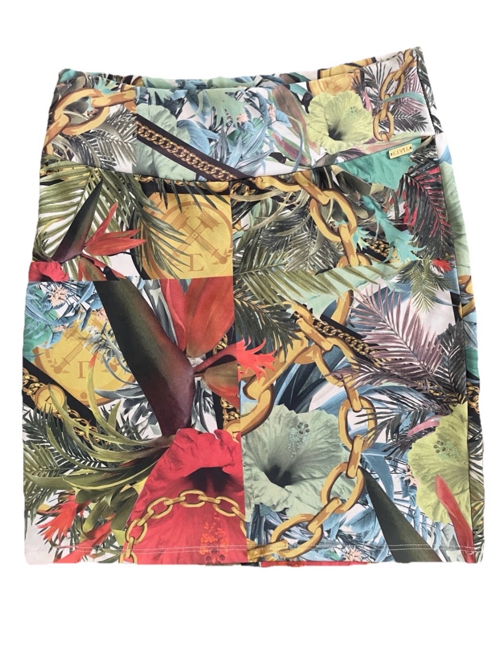 CIVIL Brand TROPICAL Floral and Gold CHAINS Print Bodycon MINI SKIRT Size XS